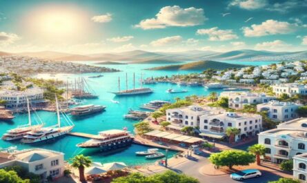 Bodrum's coastline with whitewashed buildings, blue accents, a marina filled with yachts, clear turquoise waters, and rolling hills under a bright, sunny sky