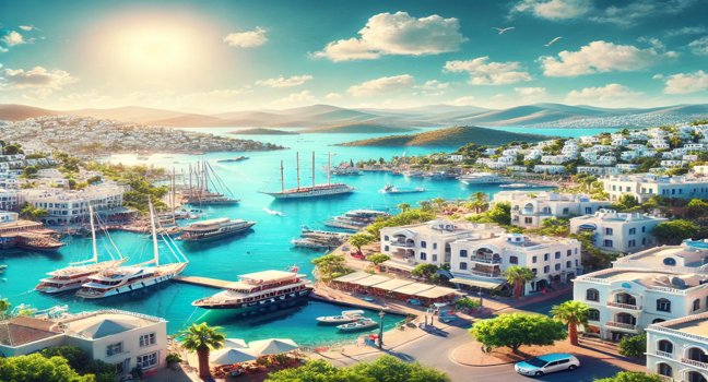 Bodrum's coastline with whitewashed buildings, blue accents, a marina filled with yachts, clear turquoise waters, and rolling hills under a bright, sunny sky