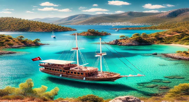 Eine traditionelle Gulet-Yacht ankert in einer ruhigen Bucht bei Bodrum, umgeben von türkisfarbenem Wasser, grünen Hügeln und strahlend blauem Himmel