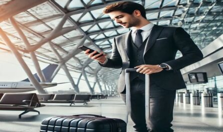 A businessman in a suit at an airport with a suitcase, highlighting the essence of a business trip with modern architecture and planes in the background