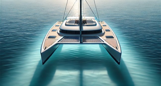 A detailed view of a catamaran boat with twin hulls, sailing on calm, clear blue waters under a sunny sky, showcasing its spacious deck and unique design