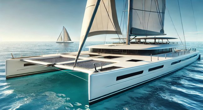 Close-up of a catamaran on blue waters, showcasing twin hulls, a spacious deck, and sails under a sunny sky, highlighting its typical design