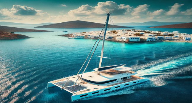 A catamaran glides through the clear blue waters of Greece, framed by the rugged coastline and iconic white structures of the Greek islands under a sunny sky