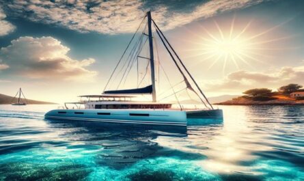 A beautiful catamaran sailing on clear blue waters with a scenic coastline and sunny sky, capturing the elegance of catamaran travel