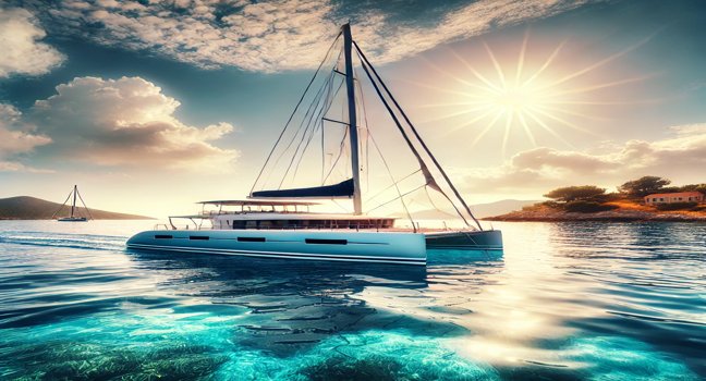 A beautiful catamaran sailing on clear blue waters with a scenic coastline and sunny sky, capturing the elegance of catamaran travel