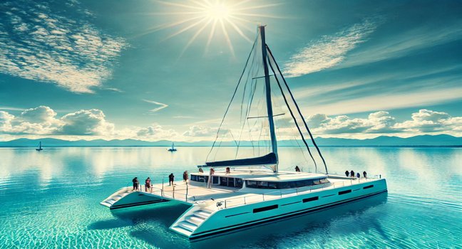 A beautiful catamaran boat on calm, clear blue waters with people enjoying their time on deck under a sunny sky, highlighting comfort and stability