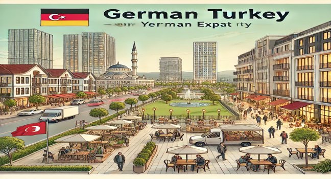 A scene depicting a city in Turkey where German citizens live, featuring a mix of modern and traditional architecture, bustling streets, and welcoming public spaces