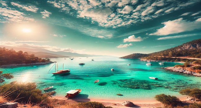 A tranquil scene of turquoise waters along Turkey's coastline, with scattered boats and a sunny sky showcasing natural beauty