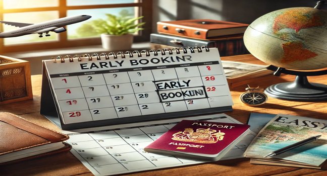 A travel planning scene with a marked calendar, passport, and brochures on a desk, highlighting the perks of booking early for your vacation