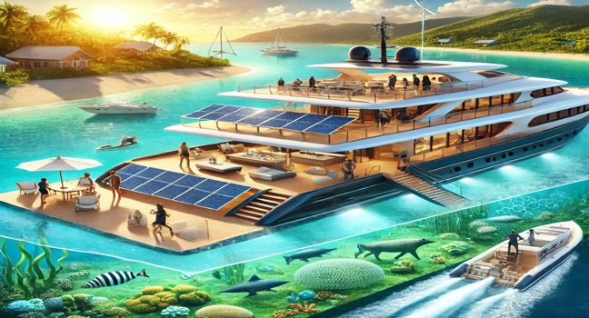 Eine Luxusyacht bietet nachhaltige Geschäftsreisen mit Solarpaneelen und einzigartigen Erlebnissen, wie Teambuilding und Networking in einer entspannten Umgebung