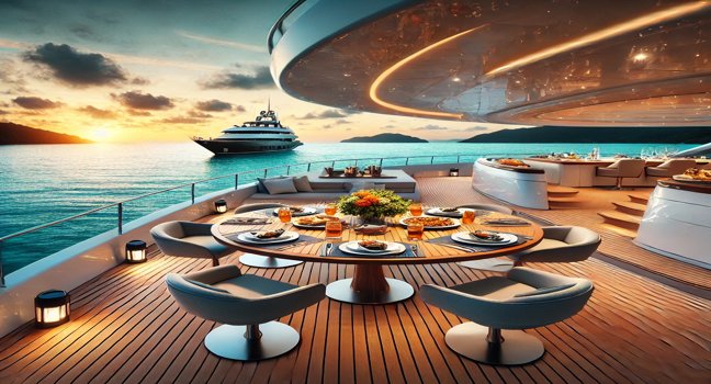 Eine Luxusyacht mit einem Gourmet-Dining-Setup auf dem Deck- Perfekt für Geschäftreisen 