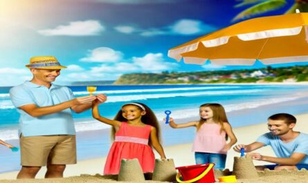 A joyful family vacation scene with parents and children playing by the water, building sandcastles, and relaxing under a beach umbrella by the coast