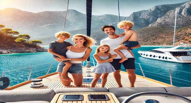 A family relaxing on the deck of a yacht, surrounded by clear blue waters and a scenic coastline under a sunny sky in Turkey