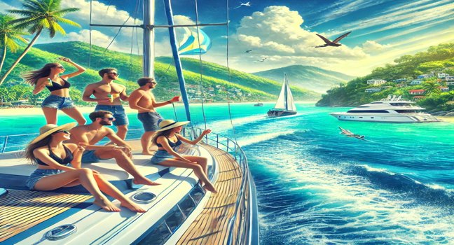 Friends enjoying a holiday on a yacht, sailing through clear blue waters with scenic coastal landmarks and lush green hills in the background