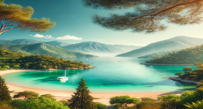 Eine ruhige Landschaft in Fethiye, Türkei, mit türkisfarbenem Meer, grünen Bergen und einem friedlichen Strand unter blauem Himmel