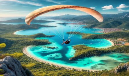 Ein spektakulärer Blick auf einen Paraglider über der berühmten Blauen Lagune von Fethiye, mit türkisfarbenem Wasser, grünen Hügeln und strahlend blauem Himmel