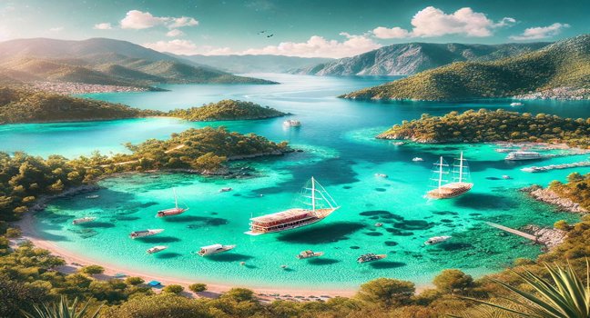 A panoramic view of Fethiye's bays featuring turquoise waters, anchored boats, and lush green hills under a clear, bright sky