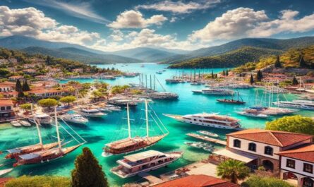 A picturesque view of Fethiye showcasing a marina with anchored boats, turquoise waters, and green mountains under a clear blue sky