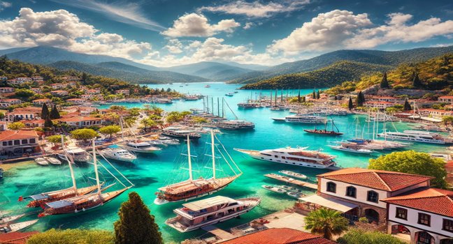 A picturesque view of Fethiye showcasing a marina with anchored boats, turquoise waters, and green mountains under a clear blue sky