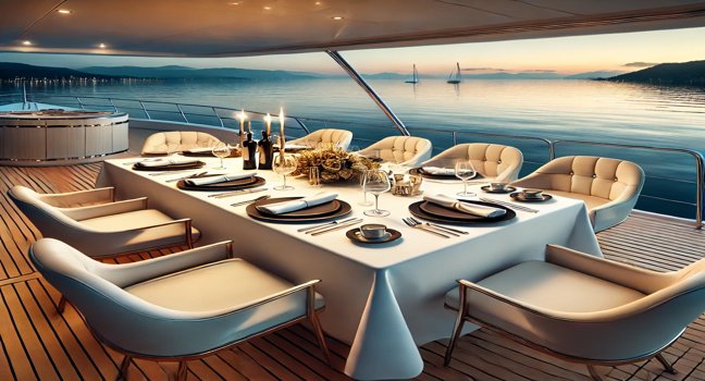 Ein elegantes Geschäftsessen auf einer Yacht mit formaler Tischdekoration, ruhigem Wasser und einer malerischen Küste im Hintergrund – perfekt für Meetings