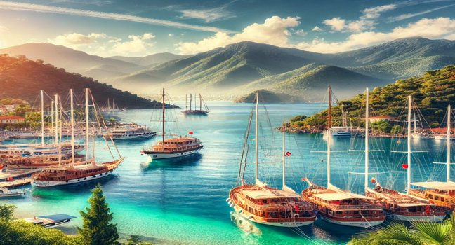 A view of traditional gulets docked in Göcek's marina, surrounded by clear blue waters, lush greenery, and a mountainous backdrop under a sunny sky