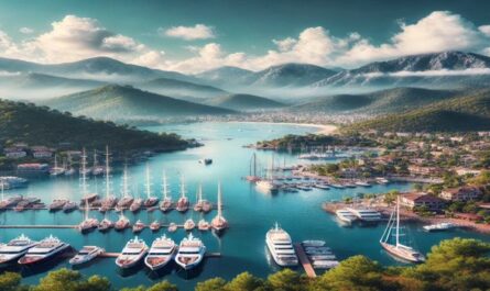 Experience the beauty of Göcek's marina with luxury yachts and lush green mountains set under a clear blue sky