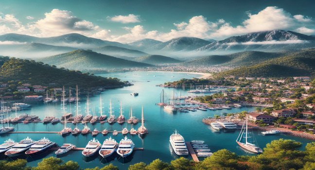 Experience the beauty of Göcek's marina with luxury yachts and lush green mountains set under a clear blue sky