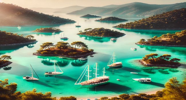 Göcek, Türkei, zeigt eine ruhige Landschaft mit kleinen Inseln, türkisfarbenem Wasser und ankernden Segelbooten, perfekt für Insel-Liebhaber