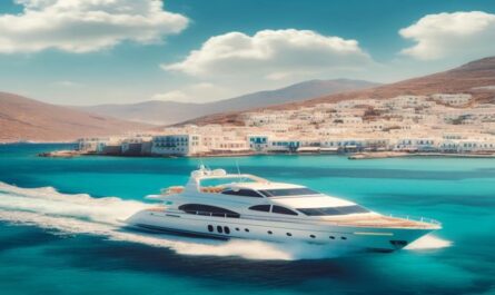 Explore Greece on a yacht charter, gliding through clear turquoise waters with stunning views of iconic white-washed buildings and rugged coastal hills under a bright blue sky