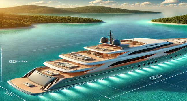 Seitenansicht einer luxuriösen Yacht mit markierten Bereichen für Deck, Kabinen und Lounge, auf türkisfarbenem Wasser vor einer malerischen Küste