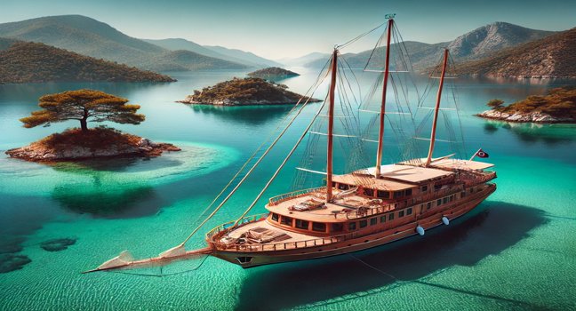 Eine traditionelle Gulet-Yacht ankert in den ruhigen, türkisfarbenen Gewässern von Göcek, umgeben von grünen Hügeln und kleinen Inseln – perfekt für exklusive Charter