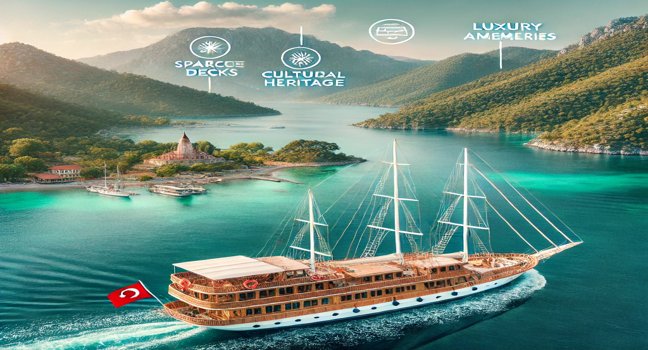 Eine traditionelle Gulet-Yacht kreuzt durch das türkisfarbene Wasser von Marmaris, umgeben von grünen Hügeln und einer ruhigen Küste – geräumige Decks und luxuriöse Annehmlichkeiten inklusive