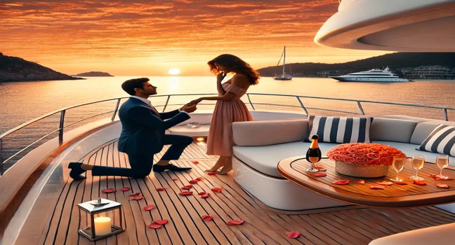 Ein romantischer Heiratsantrag an Bord einer luxuriösen Yacht bei Sonnenuntergang, mit Champagner, Rosenblättern und einer malerischen Küstenkulisse