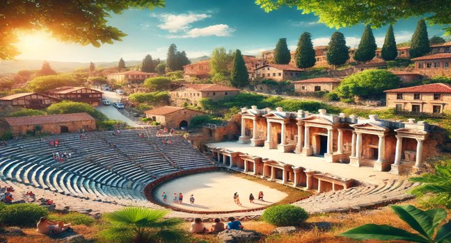 An ancient amphitheater surrounded by greenery and a charming old town with cobblestone streets, showcasing historical and cultural treasures under a sunny blue sky