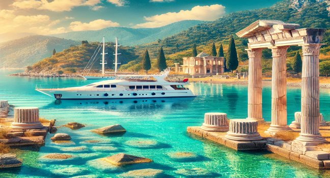 Ancient ruins and stone columns near the Turkish coast, with a yacht anchored in clear turquoise waters and lush hills under a bright sky