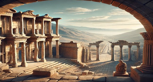 A view of ancient ruins in Turkey with stone columns and arches, set against rolling hills and a clear blue sky, showcasing the country's rich history.