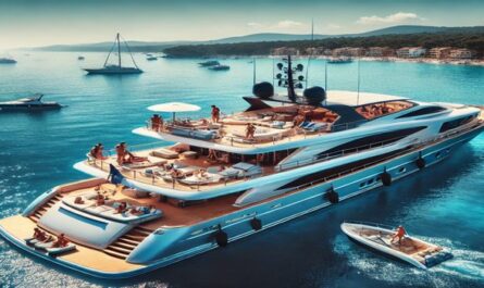 A scenic yacht on clear blue waters with people relaxing on the deck, enjoying their holiday under a sunny sky with a picturesque coastline in the background