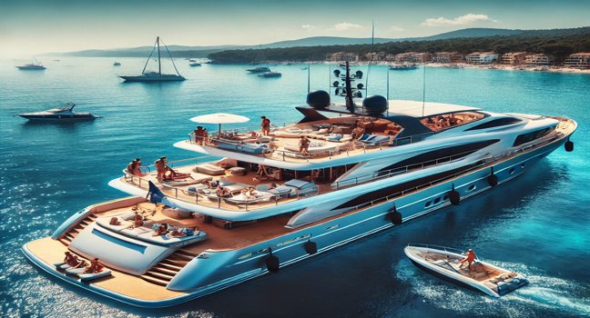 A scenic yacht on clear blue waters with people relaxing on the deck, enjoying their holiday under a sunny sky with a picturesque coastline in the background