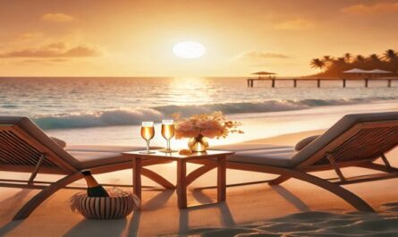 A serene honeymoon setup on a sandy beach featuring two lounge chairs facing a stunning ocean sunset, with a small table holding champagne glasses and flowers, evoking romance and tranquility by the sea