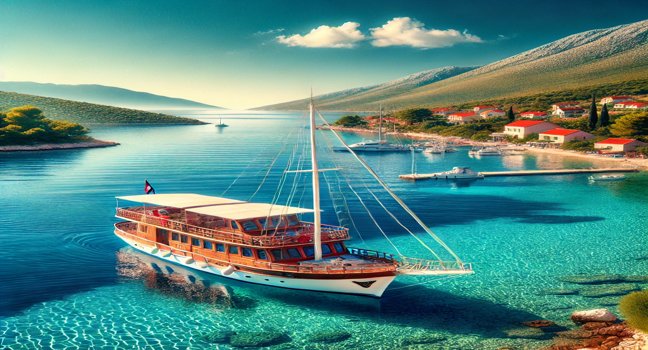 A gulet boat sails on the tranquil Adriatic Sea under a sunny sky, with Croatia's scenic coastline and green hills creating the perfect backdrop for a holiday