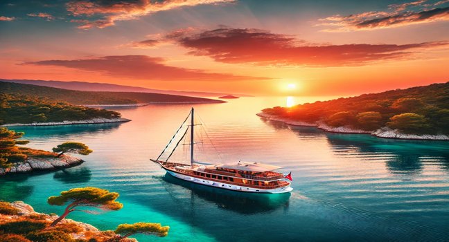 Eine Gulet-Yacht segelt bei Sonnenuntergang in Kroatien. Die ruhigen türkisfarbenen Gewässer reflektieren die warmen Farben des Himmels, umgeben von einer grünen Küste