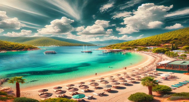 Turquoise waters and a sandy beach lined with sun loungers, set against lush green hills under a bright, sunny sky at Karaincir Bay in Bodrum