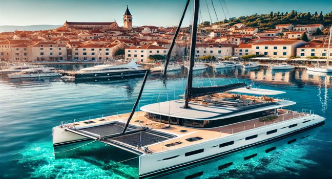 Ein luxuriöser Katamaran liegt in einer kroatischen Marina, umgeben von blauem Wasser und einer historischen Stadt mit Terrakottadächern und Steinbauten