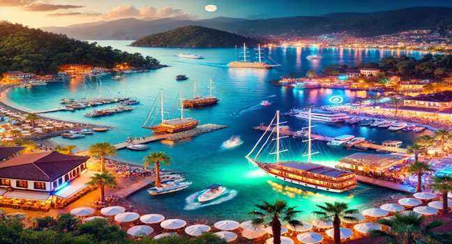 Eine malerische Bucht in Marmaris, Türkei, mit klaren blauen Gewässern, Yachten und beleuchteten Bars entlang der Uferpromenade, die Natur und Nachtleben vereint