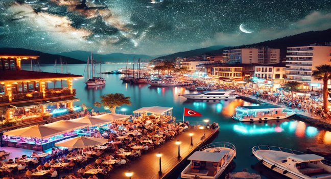 Marmaris mit lebendigem Nachtleben, beleuchteten Bars, Restaurants und einer pulsierenden Promenade entlang der Marina