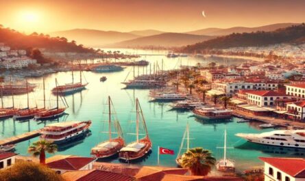 A view of Marmaris with its harbor filled with yachts, surrounded by white and terracotta-roofed buildings. The scene is set against lush green hills and a tranquil sea, bathed in the warm glow of the setting sun