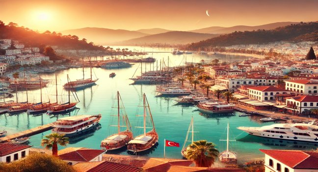 A view of Marmaris with its harbor filled with yachts, surrounded by white and terracotta-roofed buildings. The scene is set against lush green hills and a tranquil sea, bathed in the warm glow of the setting sun