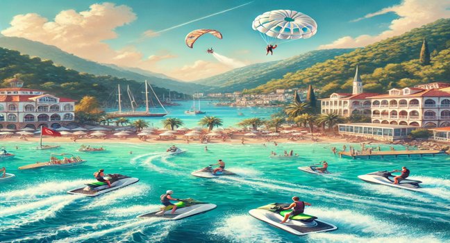 A vibrant scene of Marmaris showcasing people enjoying water sports like jet skiing and parasailing on turquoise waters, with a picturesque coastline of terracotta-roofed buildings and lush hills under a sunny sky