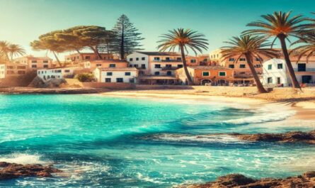 A scenic view of the Mediterranean featuring turquoise waters, a sandy beach with palm trees, and whitewashed buildings with terracotta roofs under a bright, sunny sky