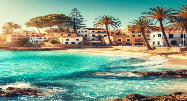 A scenic view of the Mediterranean featuring turquoise waters, a sandy beach with palm trees, and whitewashed buildings with terracotta roofs under a bright, sunny sky